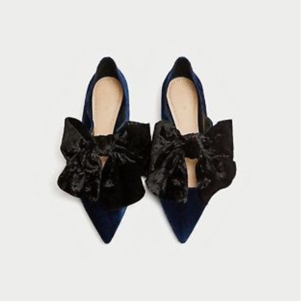 Zara Navy Velvet Ballerinas with Bow - Picture 4 of 8